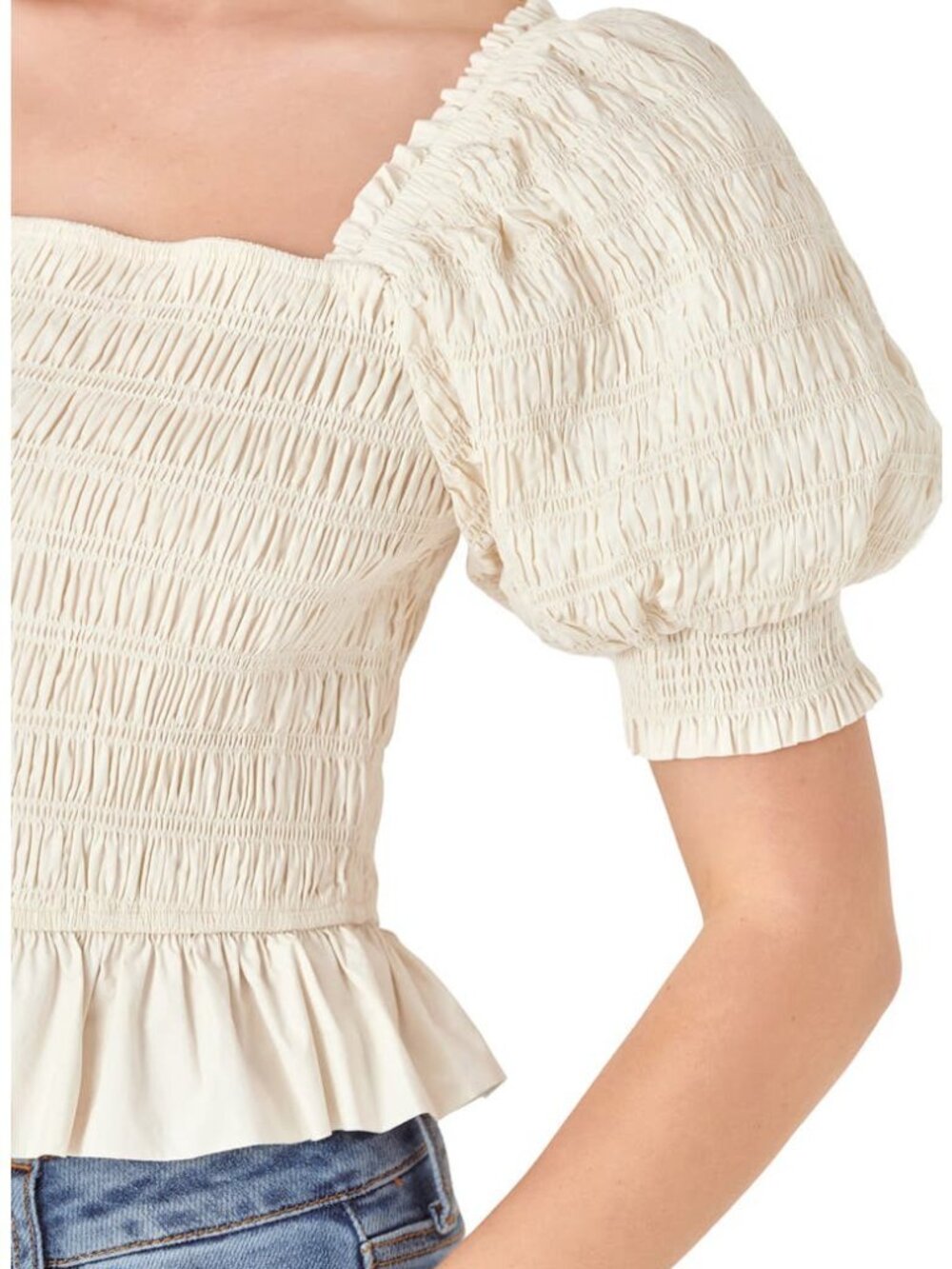 English Factory Smocked Puff Sleeve Peplum Blouse Cream 100% Cotton Coquette XS